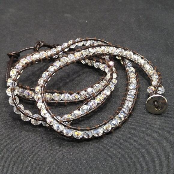 Clear Crystal Wrap Bracelet Necklace 4X Brown Leather Boho Beaded Jewelry - Picture 3 of 7